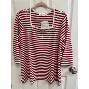Quacker Factory XL Red White Stripe Square Neck 3/4 Sleeve Beads Studs New